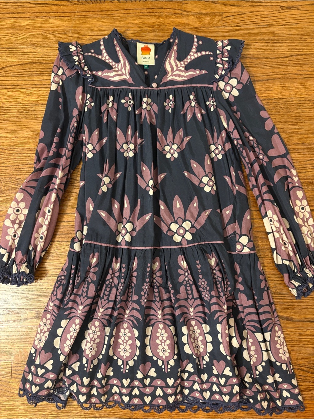 FARM Rio Navy Floral Ruffle-Trim Long-Sleeve Dress